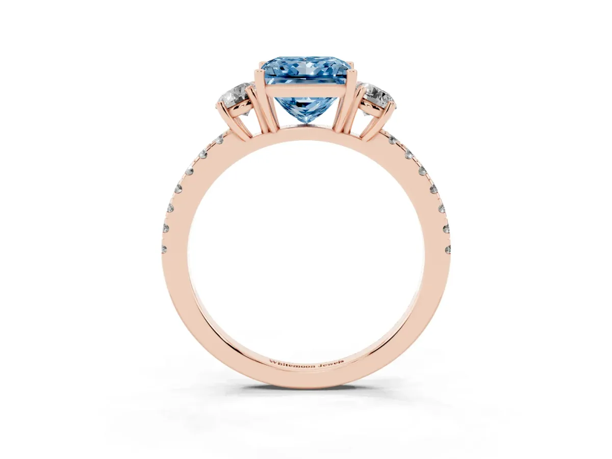 Fancy Blue Three-Stone Princess Cut Cut Diamond Pavé Band with Prong Setting Rose gold