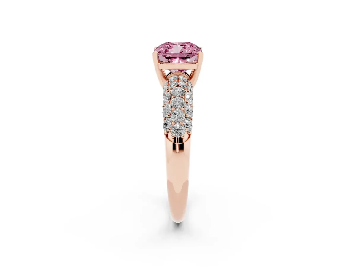 Fancy Pink Cushion Cut Diamond Pavé Band Solitaire Ring with Four-Prong Setting Rose gold