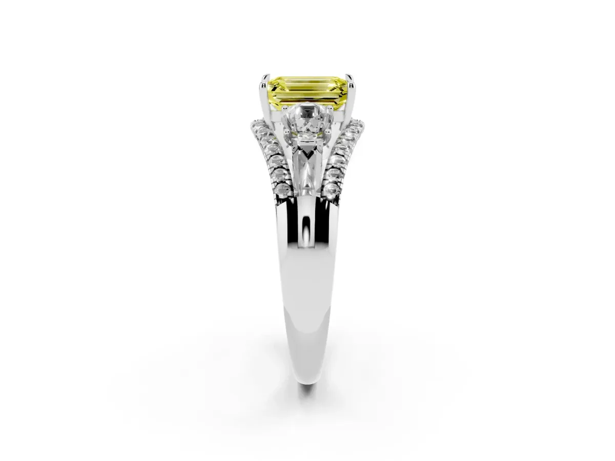 Fancy Yellow Three-Stone Emerald Cut Diamond Engagement Ring with Pave Band and Prong Setting Silver