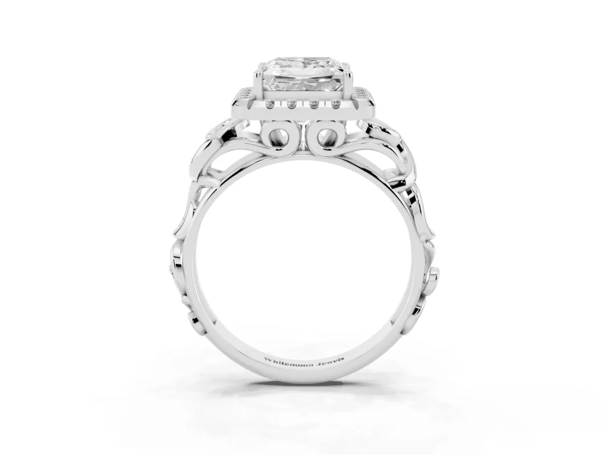 Princess Cut Cut Halo Diamond Ring with Scrollwork Band and Four-Prong Setting Platinum