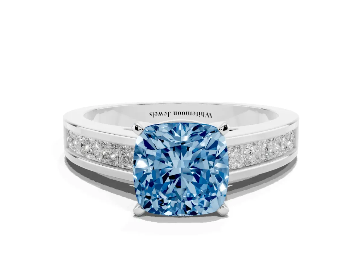 Fancy Blue Cushion Cut Solitaire Diamond Ring with Channel-Set Band and Four-Prong Setting Silver