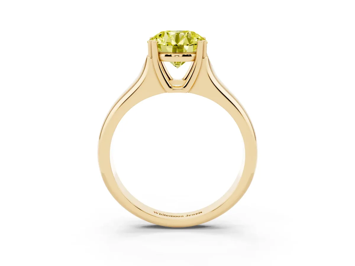 Fancy Yellow Round Cut Diamond Solitaire Ring with Wide Band and Prong Setting Yellow gold