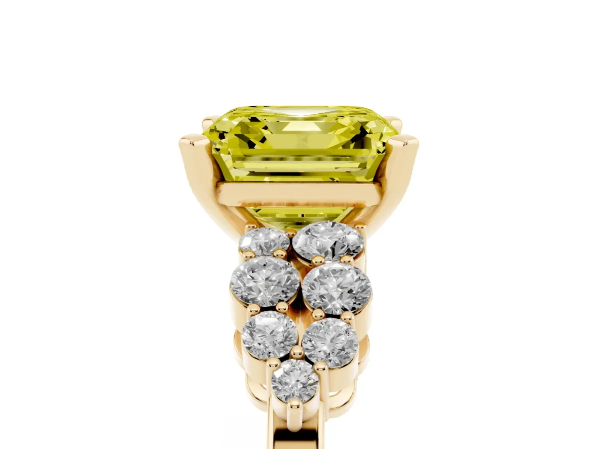 Fancy Yellow Asscher Cut Cluster Diamond Engagement Ring with Pavé Band and Four-Prong Setting Yellow gold