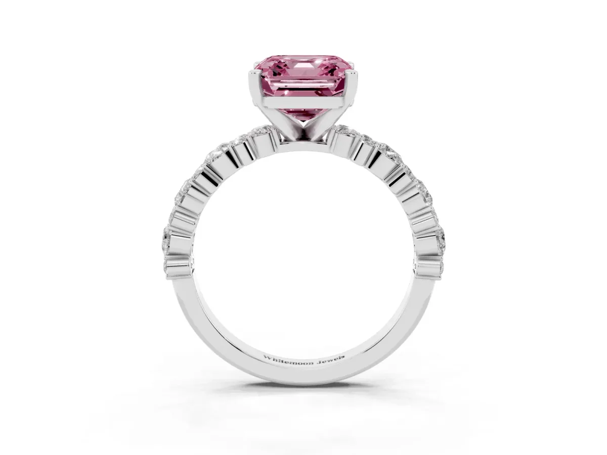 Fancy Pink Asscher Cut Diamond Side Stone Solitaire Ring with Round and Four-Prong Setting Platinum