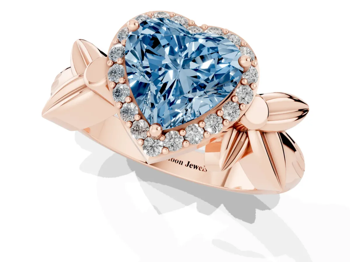 Fancy Blue Heart Cut Halo Diamond Floral Band with Four-Prong Setting Rose gold