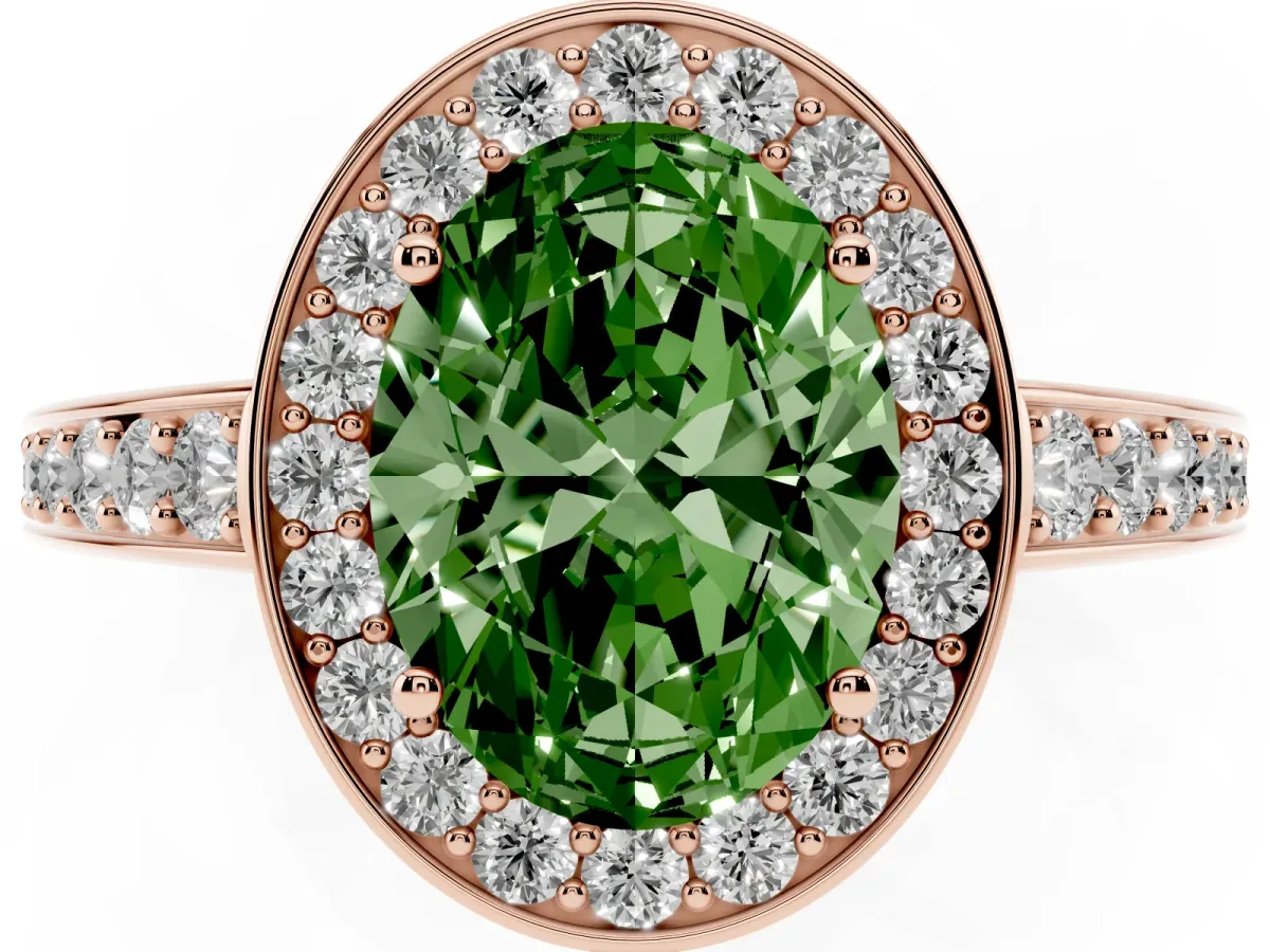 Fancy Green Oval Cut Halo Pavé Diamond Engagement Ring with Bezel Setting Rose gold