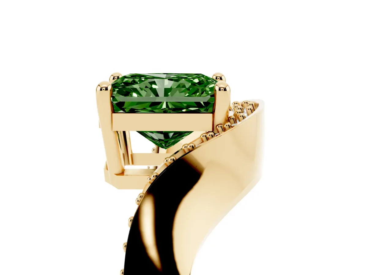 Fancy Green Radiant Cut Solitaire Diamond Engagement Ring with Pave Band and Four-Prong Setting Yellow gold