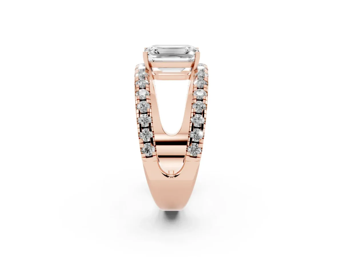 Emerald Cut Solitaire Split Shank Pave Diamond Ring Rose gold