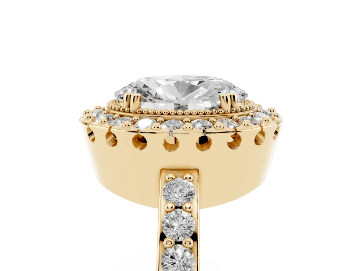 Oval Cut Diamond Halo Ring with Pavé Band and Prong Setting Yellow gold