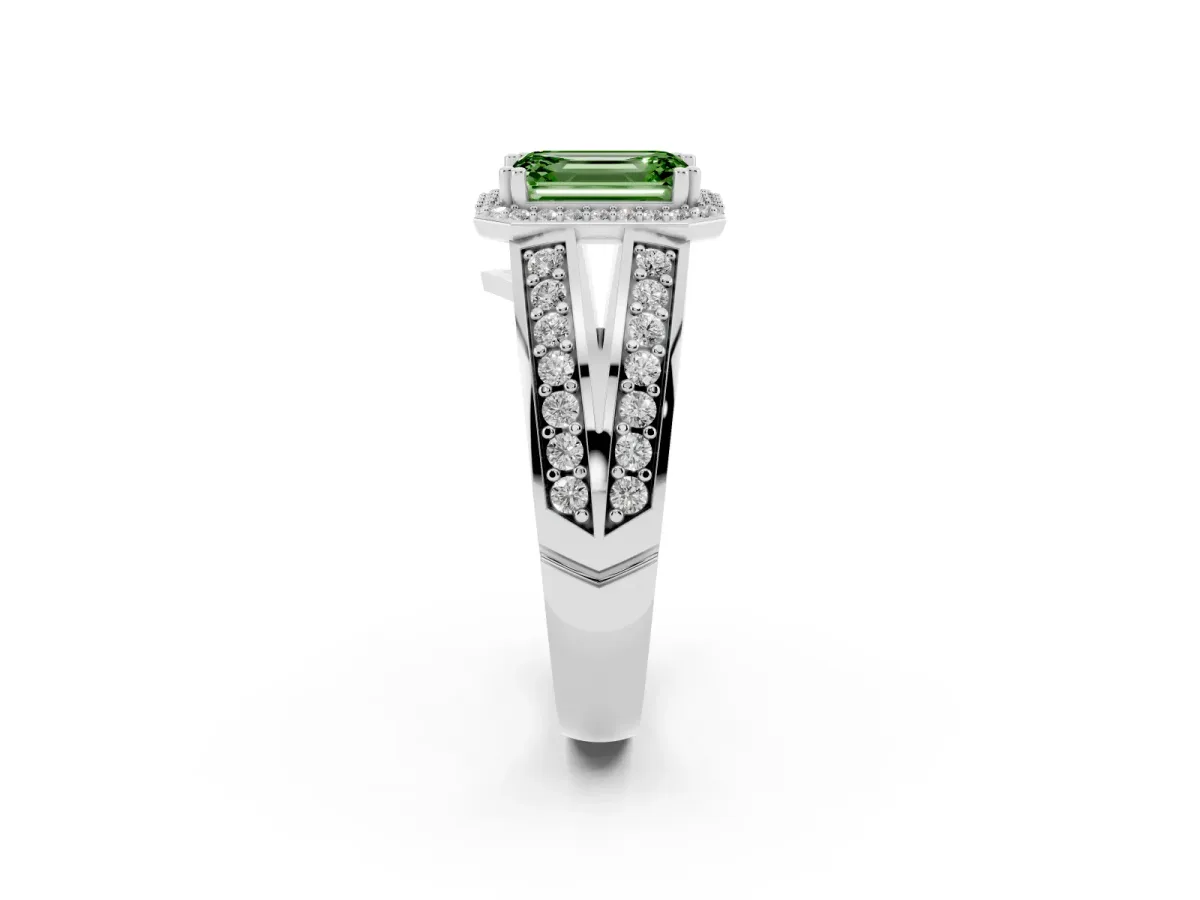 Fancy Green Emerald Cut Diamond Halo Ring with Split Shank Pavé Band and Four-Prong Setting White gold
