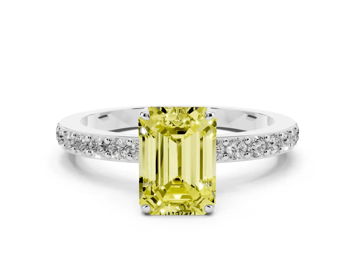 Fancy Yellow Emerald Cut Diamond Pavé Engagement Ring with Round Accents and Prong Setting Platinum