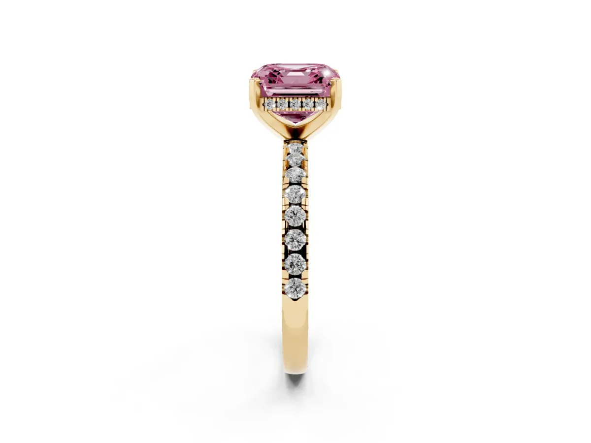 Fancy Pink Asscher Cut Diamond Solitaire Ring with Round Pavé Band and Four-Prong Setting Yellow gold