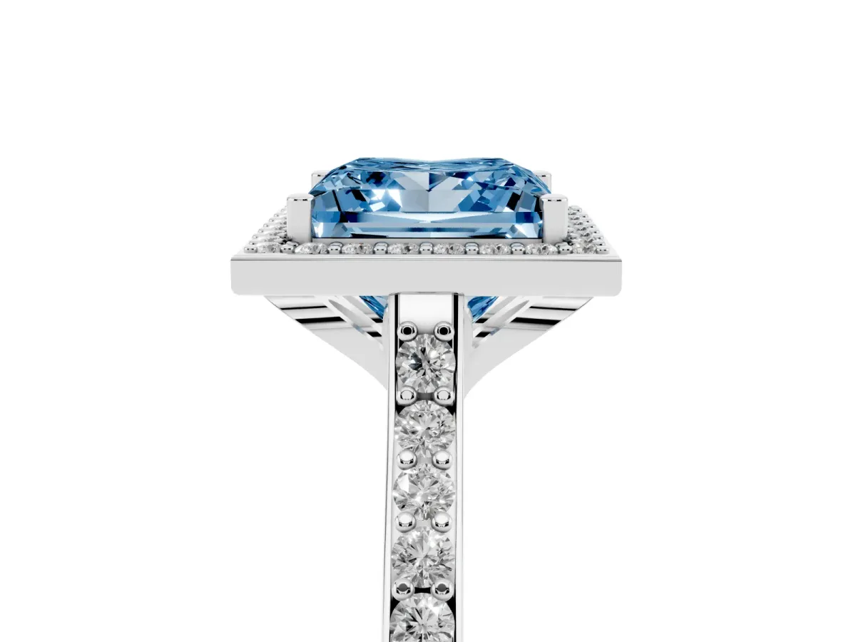 Fancy Blue Princess Cut Diamond Halo Engagement Ring with Round Pavé Shoulders and Prong Setting Silver