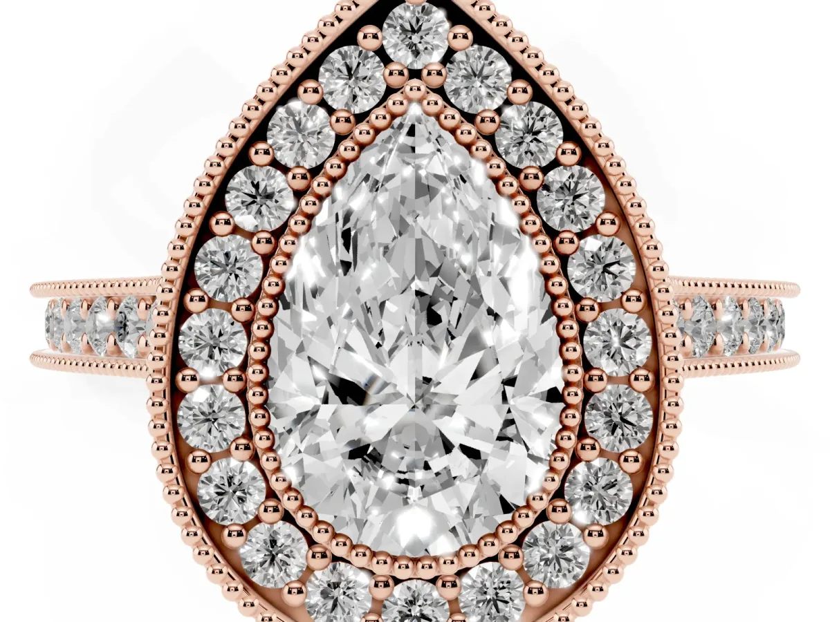 Halo Pear Cut-Cut Diamond Pave Band Milgrain Prong Setting Ring Rose gold