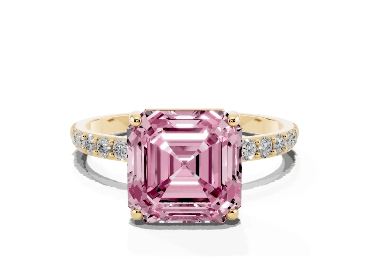 Fancy Pink Asscher Cut Diamond Solitaire Ring with Round Pavé Band and Prong Setting Yellow gold