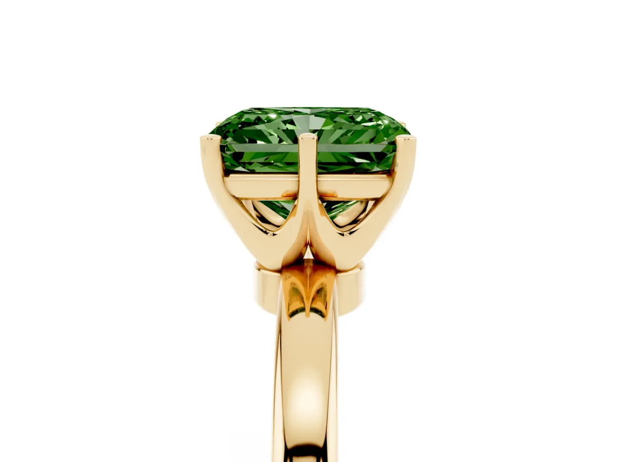 Fancy Green Radiant Cut Solitaire Diamond Ring with Six-Prong Setting on a Classic Band Yellow gold