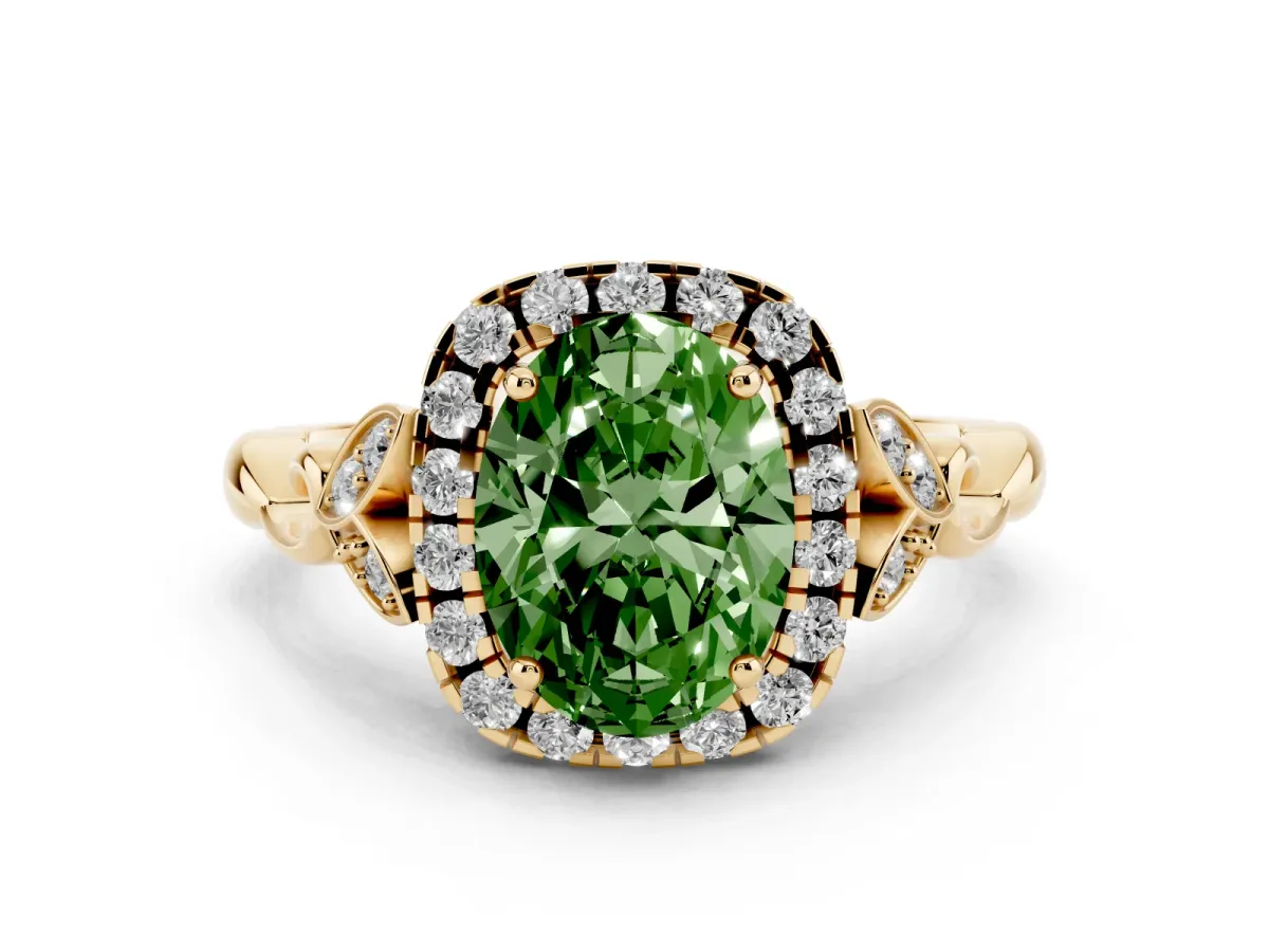 Fancy Green Oval Cut Halo Diamond Engagement Ring with Vintage-Inspired Band and Four-Prong Setting Yellow gold