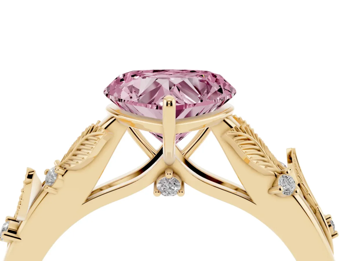 Fancy Pink Heart Cut Diamond Solitaire Ring with Leaf Motif Band and Four-Prong Setting Yellow gold