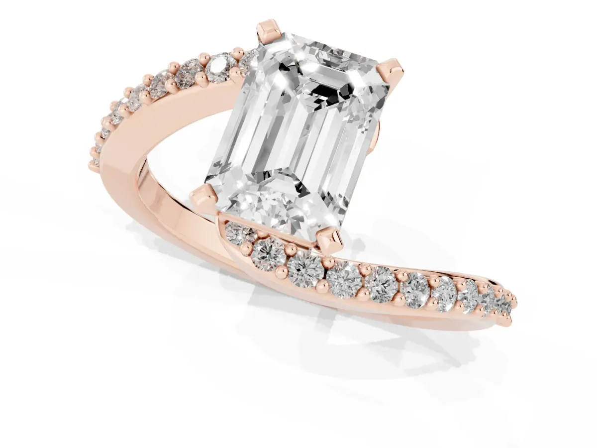 Emerald Cut Solitaire Twist Band with Pave Set Diamonds and Four-Prong Setting Rose gold