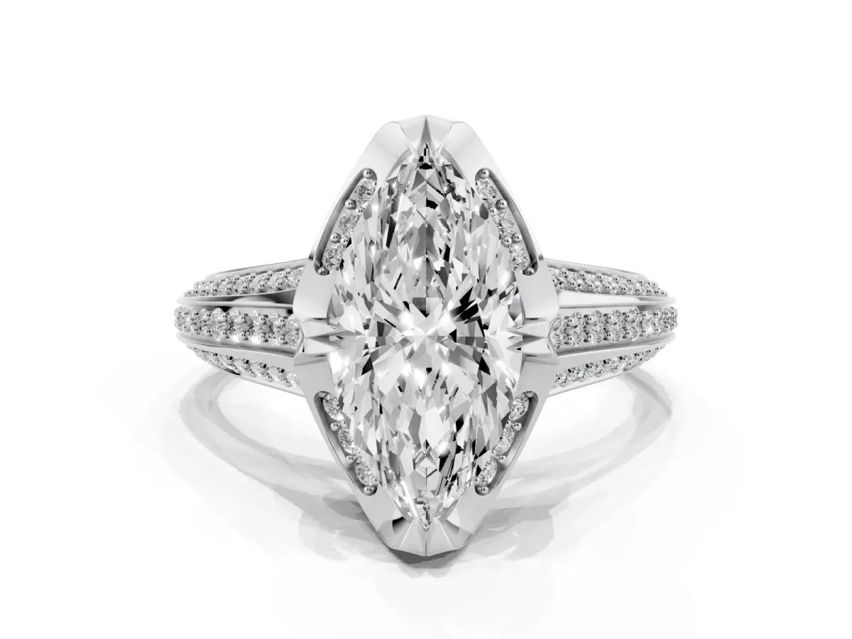 Marquise Cut Solitaire Pave Split Shank Ring with Four-Prong Setting White gold