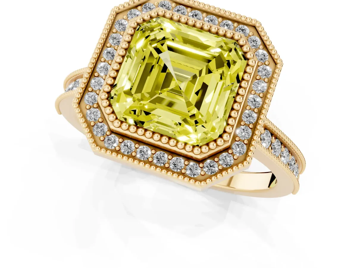 Fancy Yellow Halo Asscher Cut-Cut Diamond Pave Band Milgrain Prong Setting Ring Yellow gold