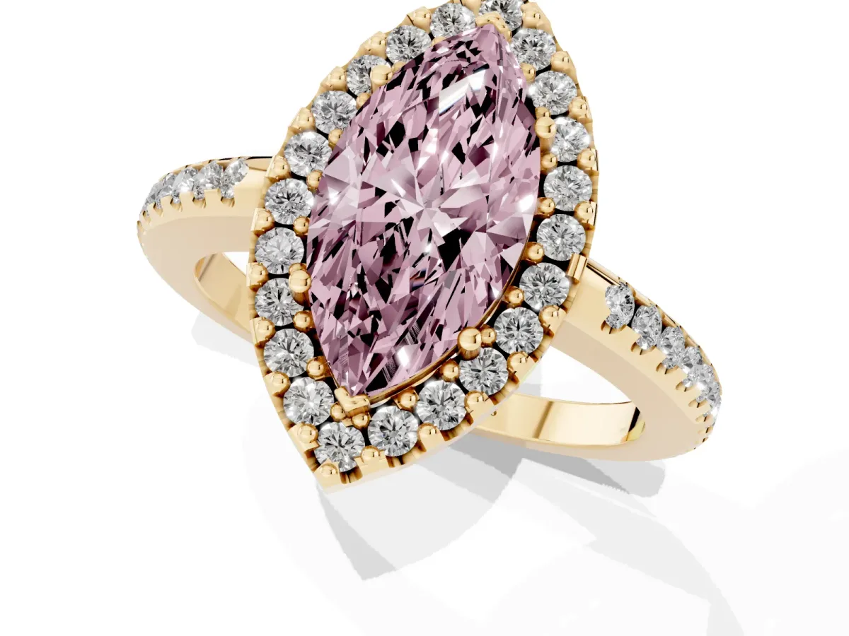 Fancy Pink Marquise Cut Diamond Pavé Halo Ring with Four-Prong Setting Yellow gold