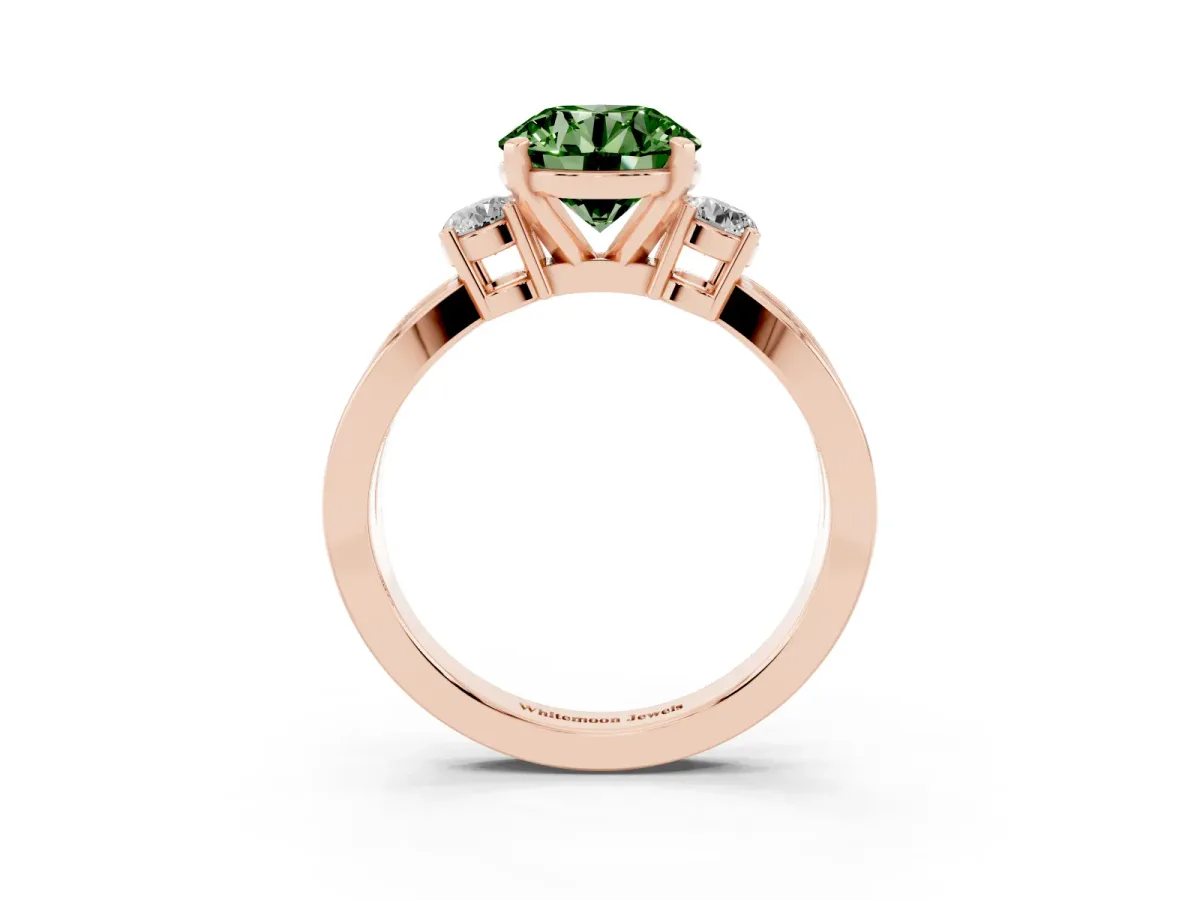 Fancy Green Three-Stone Round Cut Cut Diamond Twist Band with Prong Setting Rose gold