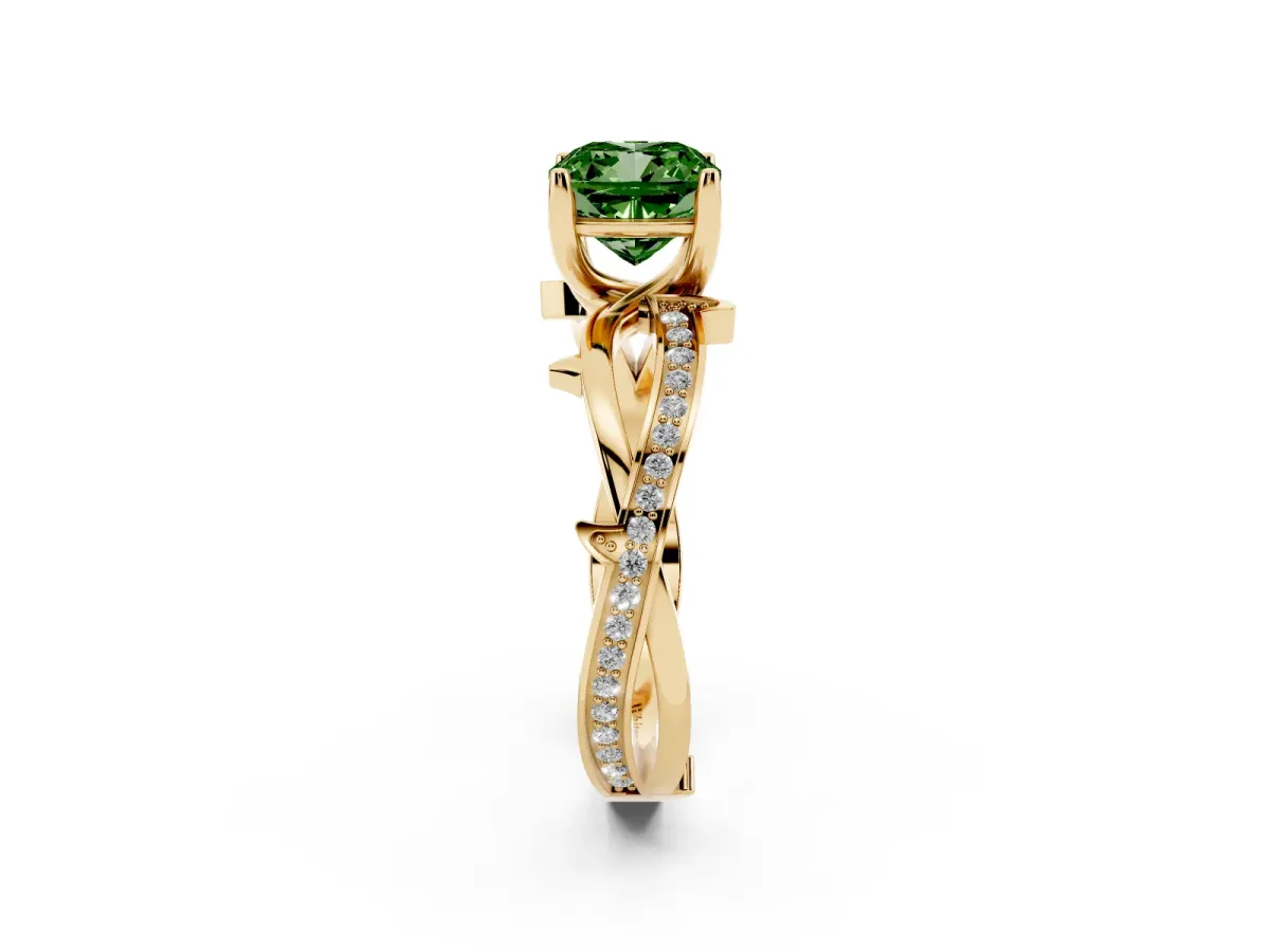 Fancy Green Cushion Cut Solitaire Twist Band with Pavé Accents and Four-Prong Setting Yellow gold