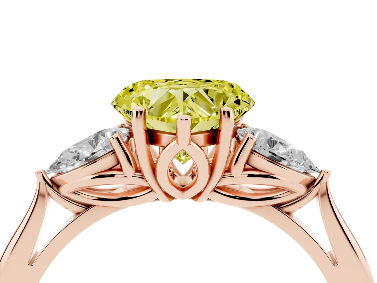 Fancy Yellow Three-Stone Heart Cut Diamond Ring with Pear Side Stones in Four-Prong Setting Rose gold