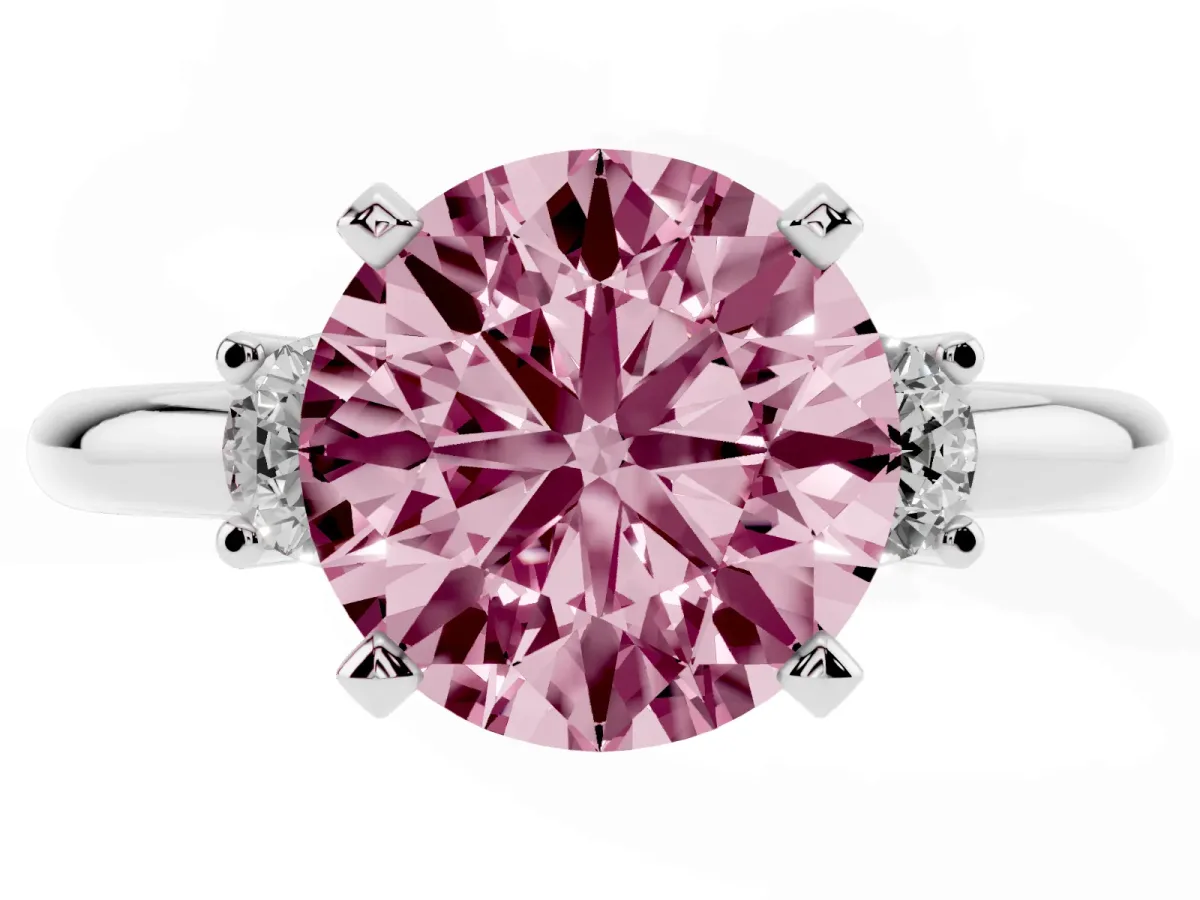 Fancy Pink Three-Stone Round Cut Cut Diamond Solitaire with Prong Setting and Classic Band Silver