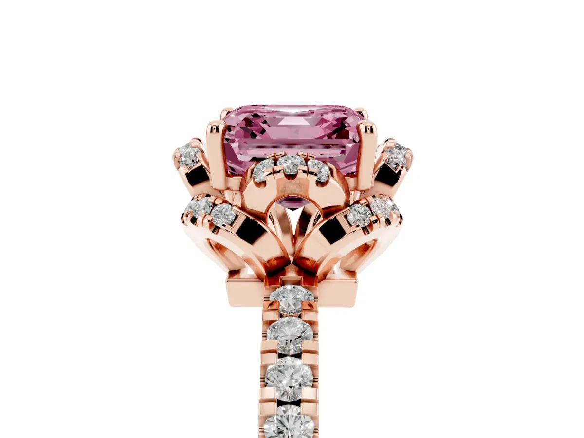 Fancy Pink Asscher Cut Diamond Halo Pave Band with Four-Prong Setting Rose gold