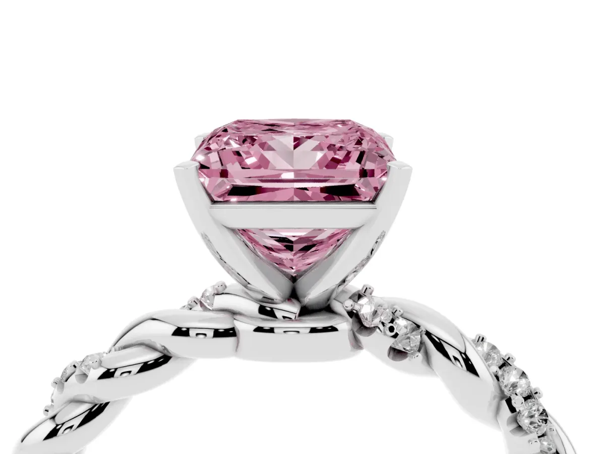 Fancy Pink Princess Cut Diamond Solitaire Ring with Twisted Band and Pavé Accents Silver