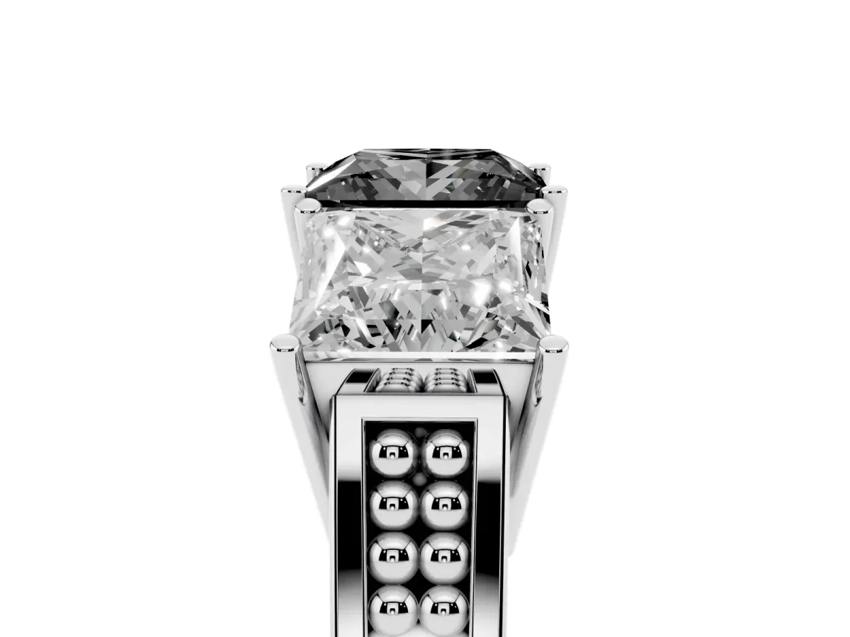 Fancy Black Princess Cut Diamond Three-Stone Ring with Prong Setting and Textured Band Silver