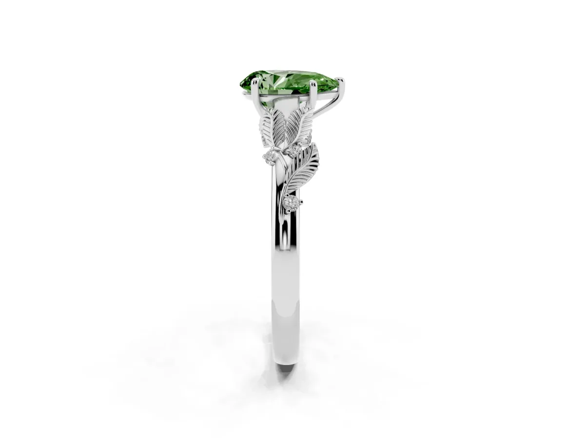 Fancy Green Pear Cut Diamond Solitaire Ring with Leaf Motif Band and Four-Prong Setting Silver