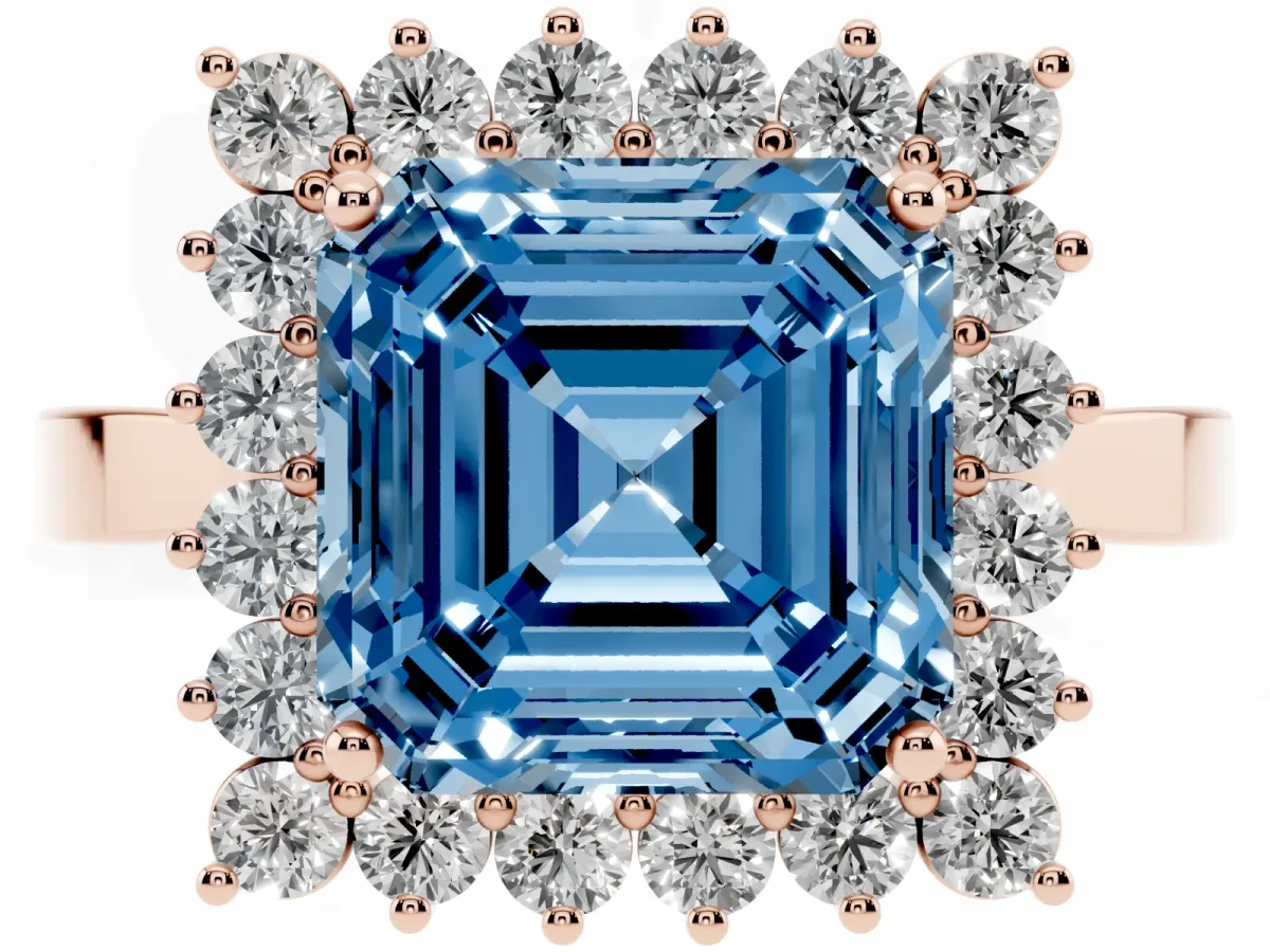 Fancy Blue Asscher Cut Cut Diamond Halo Ring with Round Brilliant Halo and Solitaire Band Rose gold