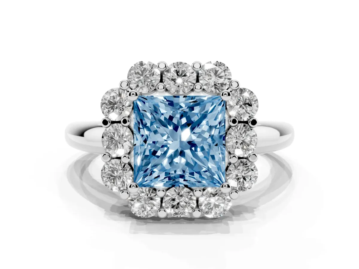 Fancy Blue Princess Cut Halo Milgrain Solitaire with Bezel Set Side Stones and Pave Band Platinum