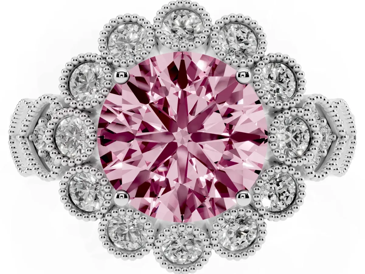 Fancy Pink Round Cut Brilliant Milgrain Pave Heart Band Solitaire Ring Platinum