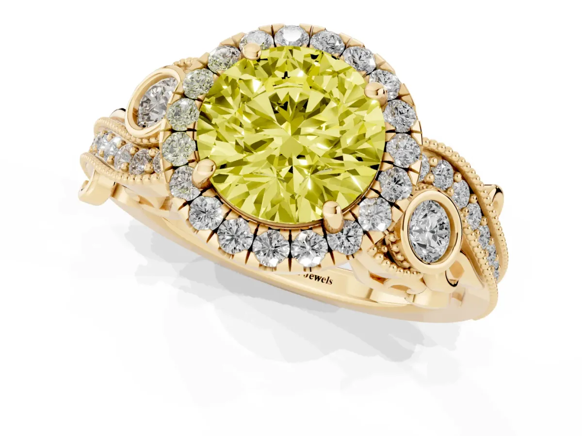 Fancy Yellow Round Cut Diamond Halo Ring with Milgrain Pavé Band and Four-Prong Setting Yellow gold