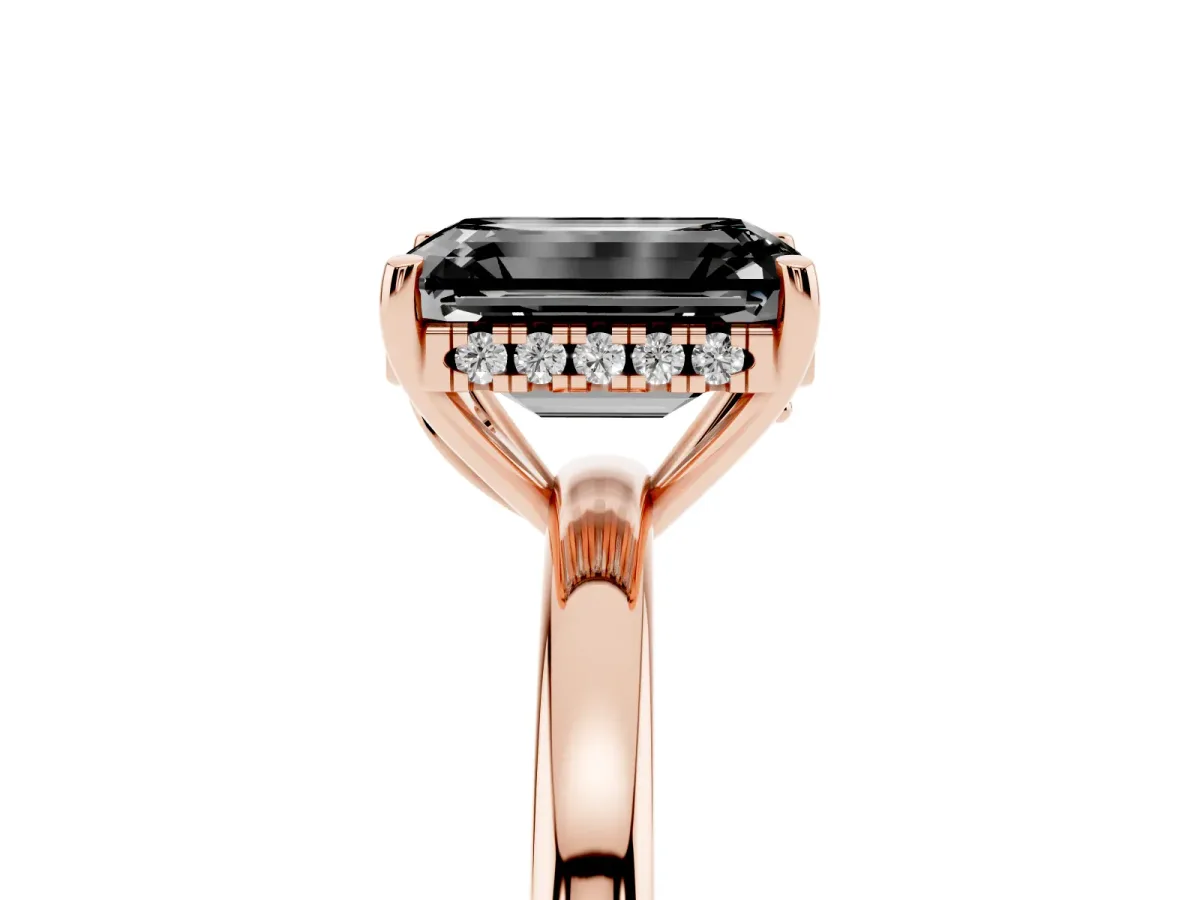 Fancy Black Emerald Cut Solitaire Diamond Ring with Prong Setting and Plain Band Rose gold