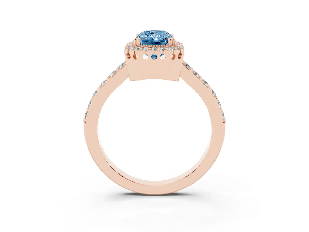 Fancy Blue Radiant Cut Cut Diamond Halo Engagement Ring with Milgrain Detail and Pavé Band Rose gold