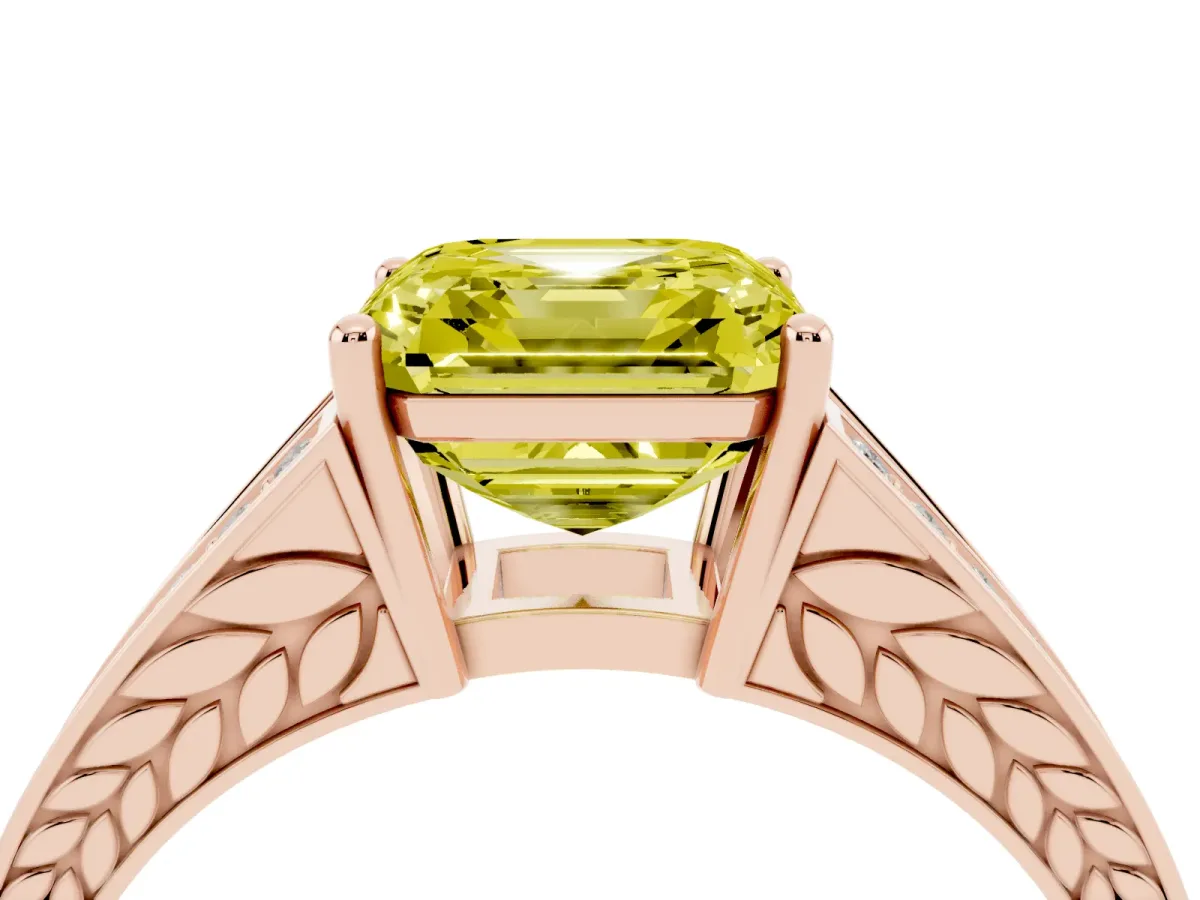Fancy Yellow Asscher Cut Diamond Split Shank Ring with Pavé Band and Four-Prong Setting Rose gold
