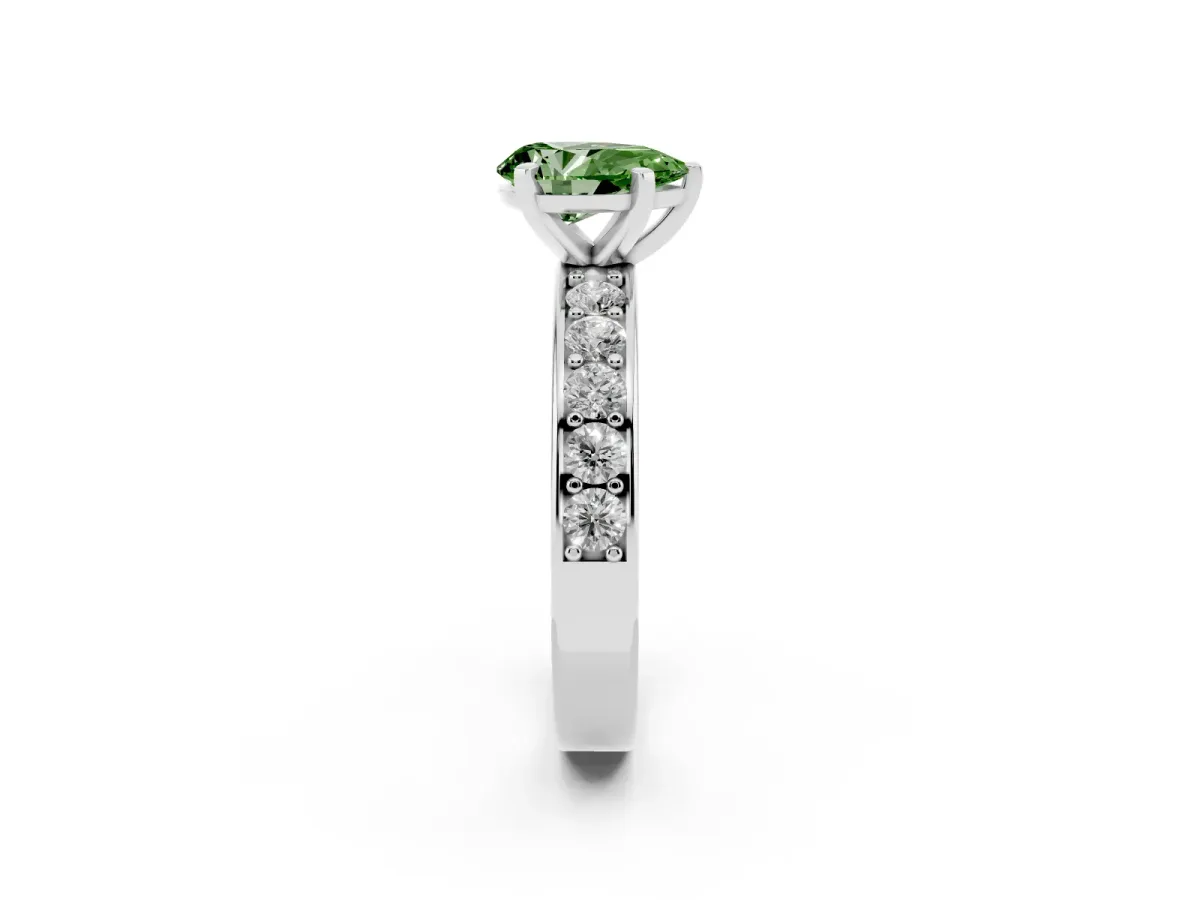 Fancy Green Pear Cut Diamond Engagement Ring with Channel Set Round Band and Prong Setting Platinum