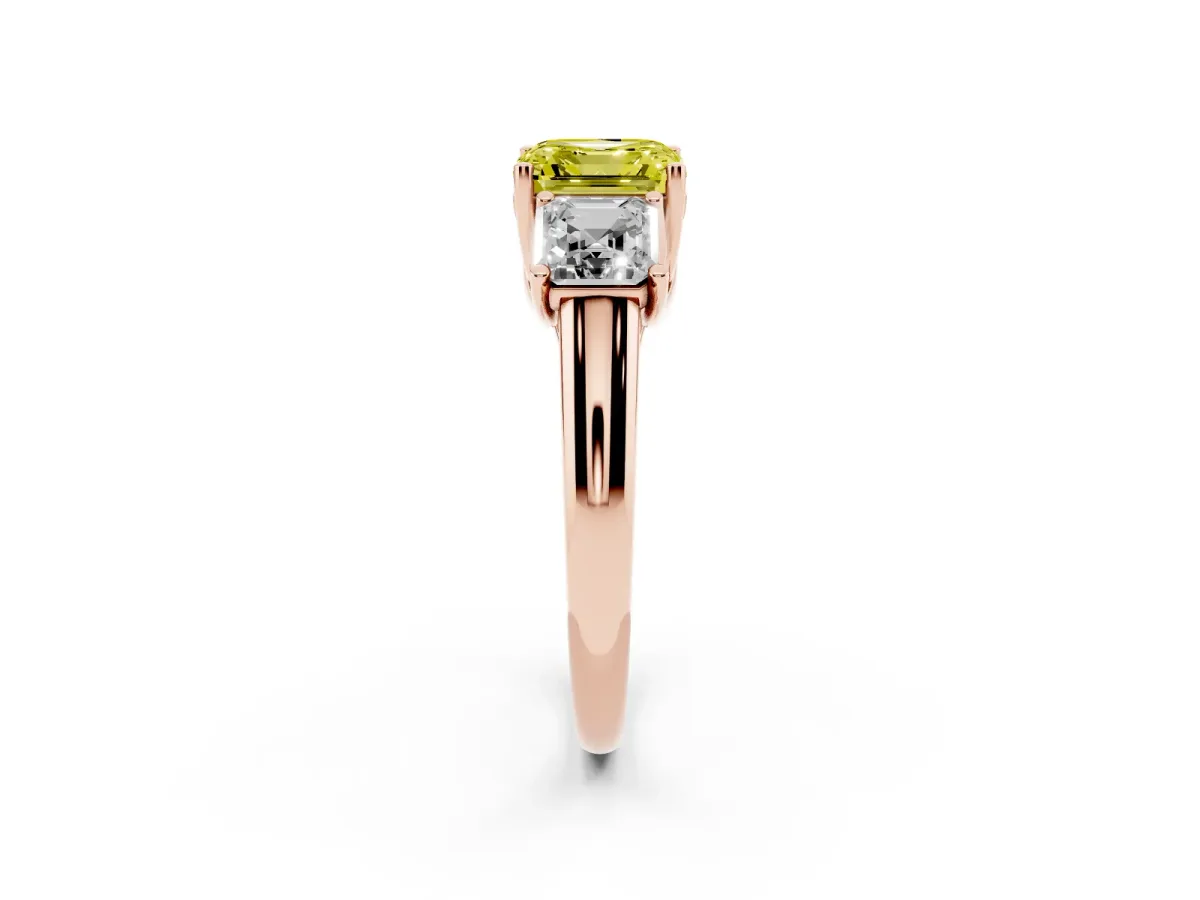 Fancy Yellow Three-Stone Asscher Cut Diamond Engagement Ring with Prong Setting Rose gold