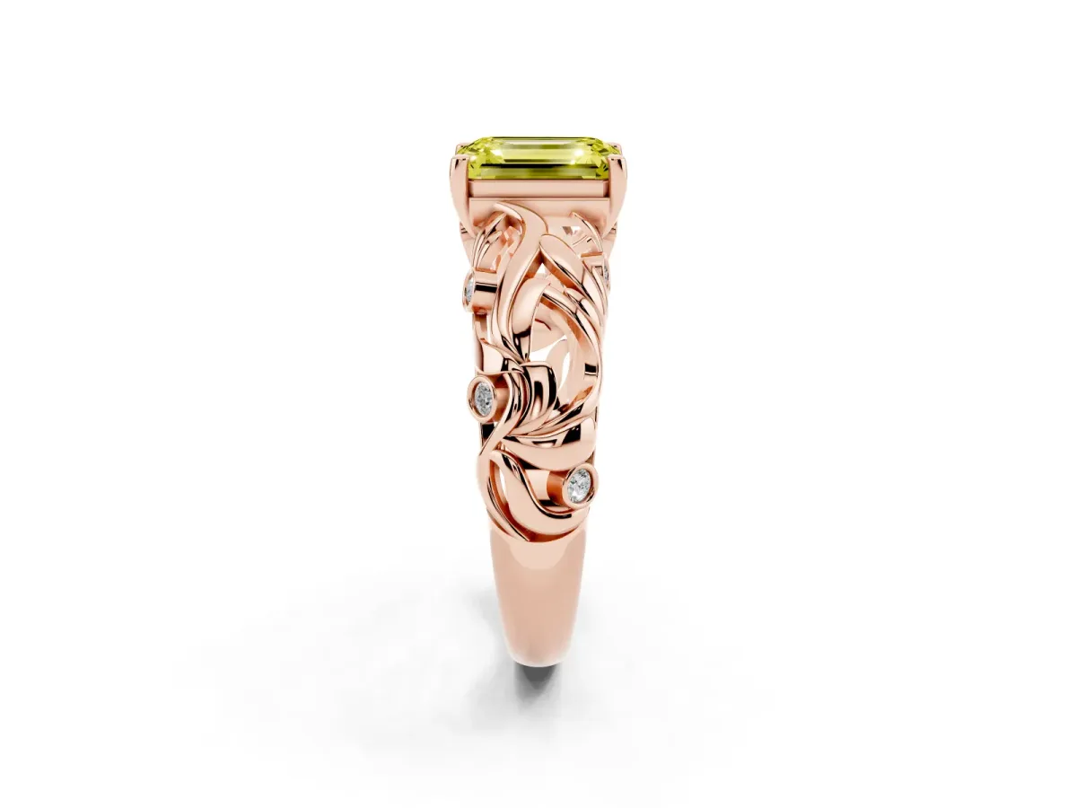 Fancy Yellow Emerald Cut Solitaire Diamond Leaf-Inspired Vine Band Ring with Prong Setting Rose gold