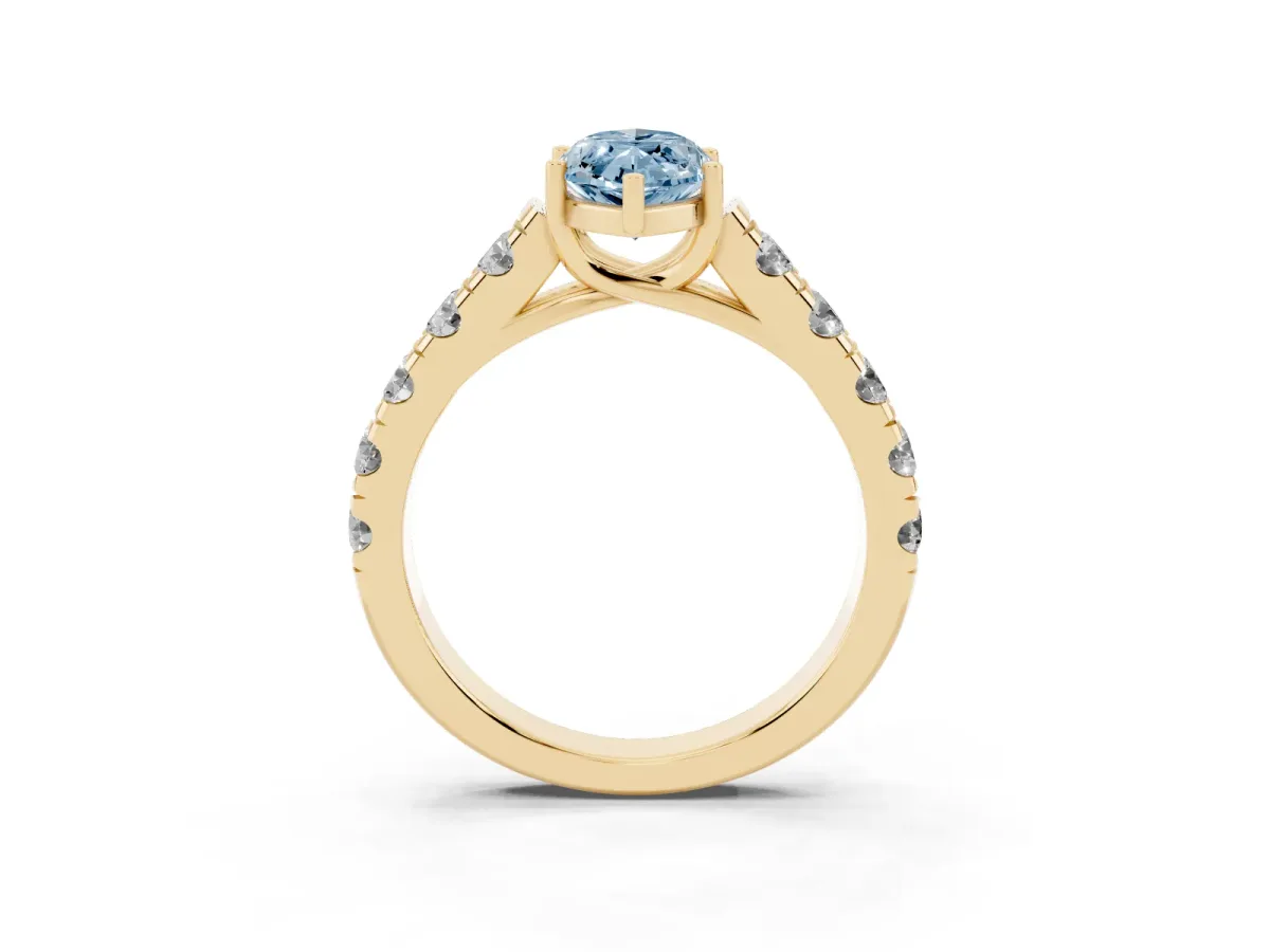 Fancy Blue Marquise Cut Cut Diamond Solitaire Ring with Micro Pave Band and Prong Setting Yellow gold
