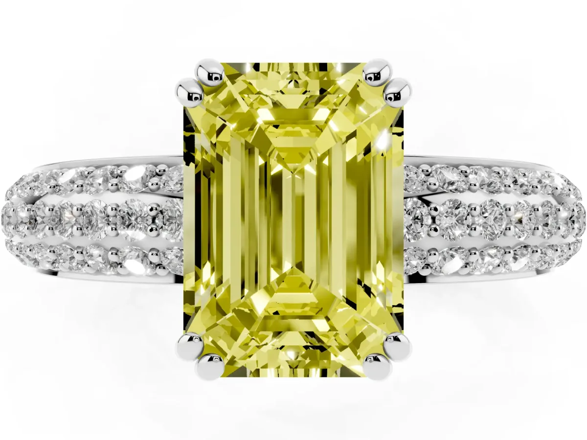 Fancy Yellow Emerald Cut Diamond Solitaire Ring with Multi-Row Round Pavé Band and Prong Setting Platinum