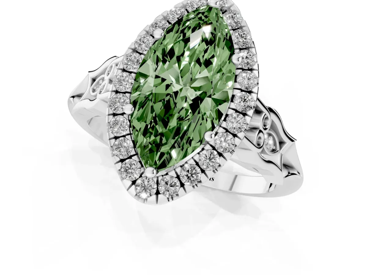 Fancy Green Marquise Cut Halo Diamond Engagement Ring with Filigree Band and Four-Prong Setting Silver