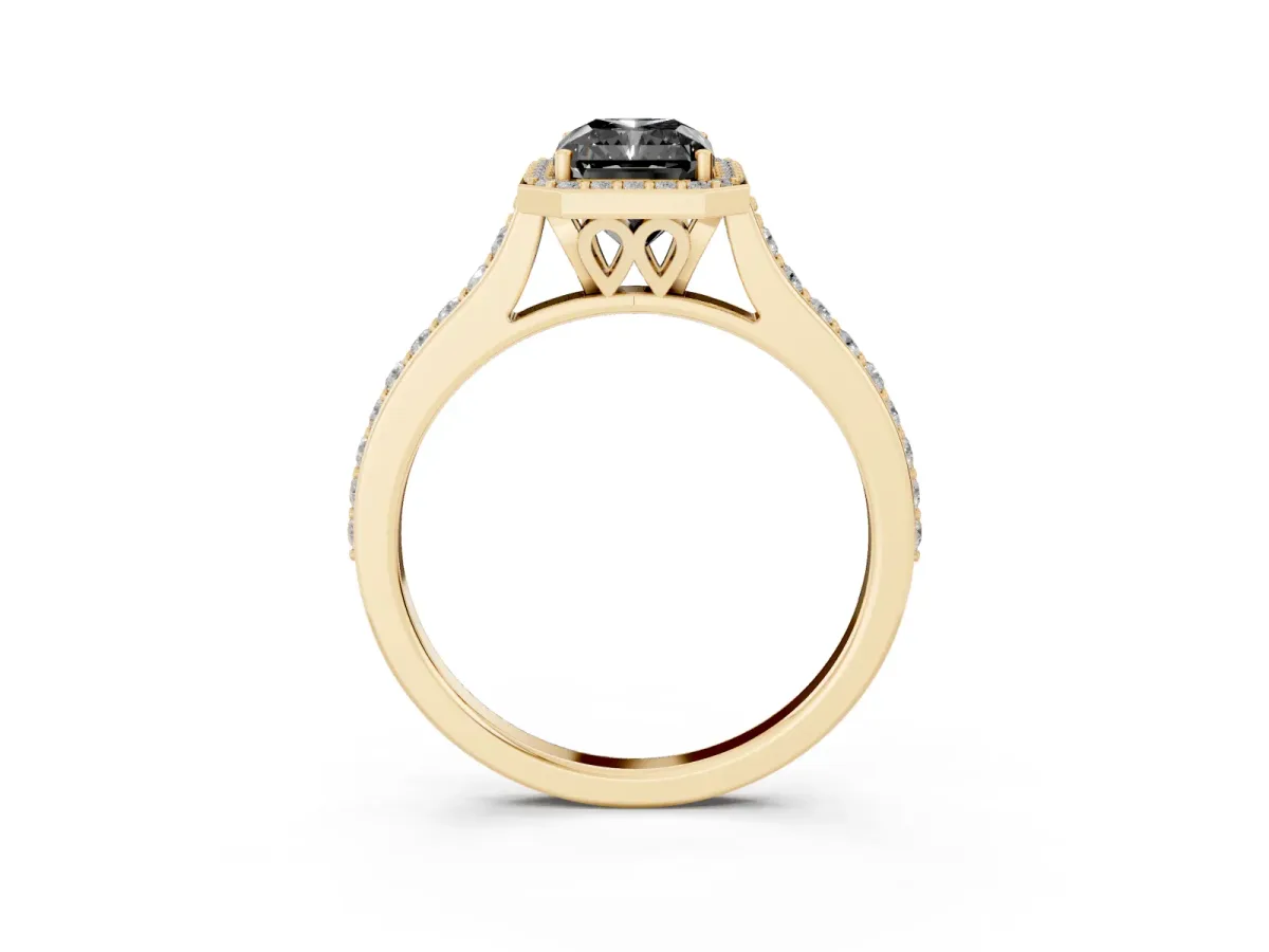 Fancy Black Radiant Cut Diamond Halo Engagement Ring with Round Pavé Shoulders and Prong Setting Yellow gold