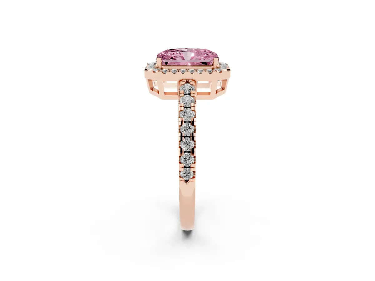 Fancy Pink Radiant Cut Diamond Halo Ring with Pavé Band and Four-Prong Setting Rose gold