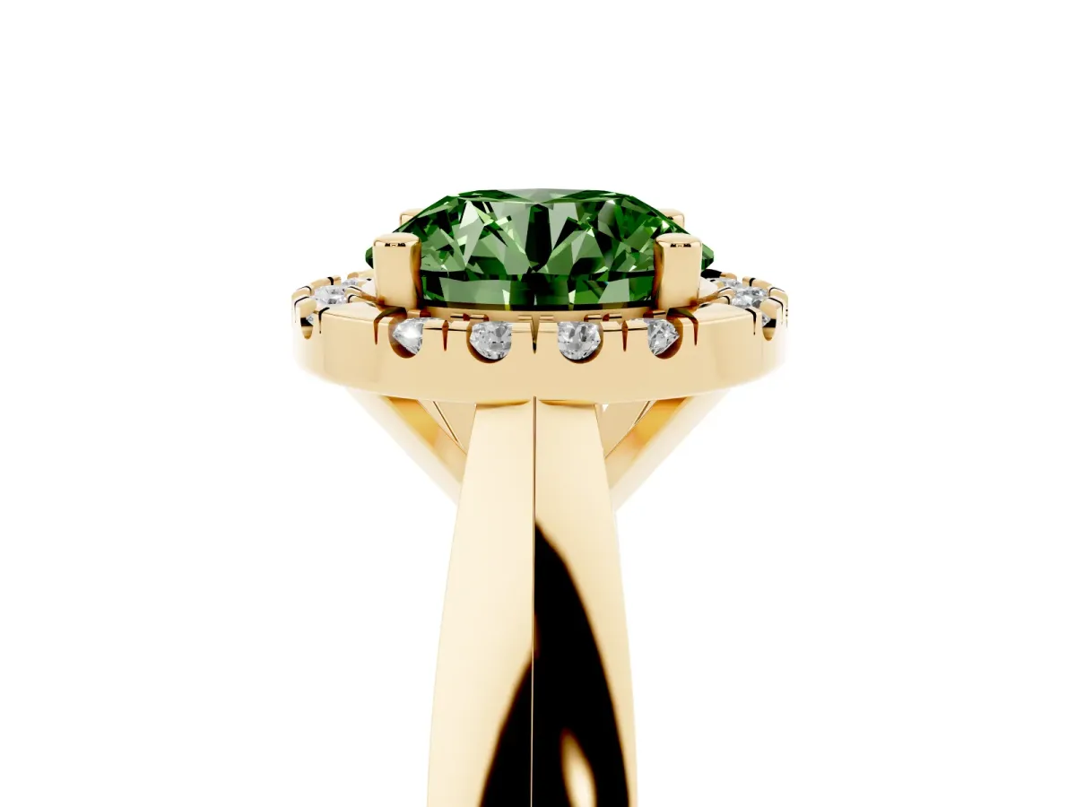 Fancy Green Round Cut Cut Halo Solitaire Engagement Ring with Square Band and Four-Prong Setting Yellow gold
